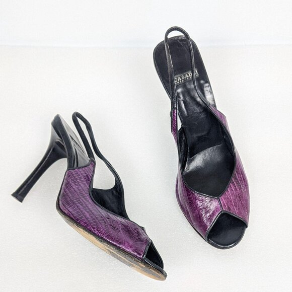 Vintage Designer y2k Purple Snakeskin Leather Peeptoe Slingback Heels 7 - Picture 4 of 10